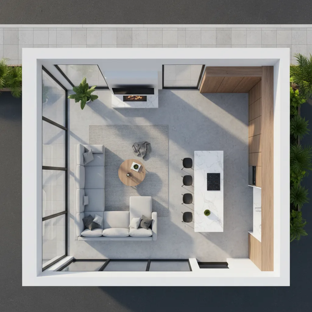 Interior design drawing showing top view of room layout with sofa kitchen island and fireplace