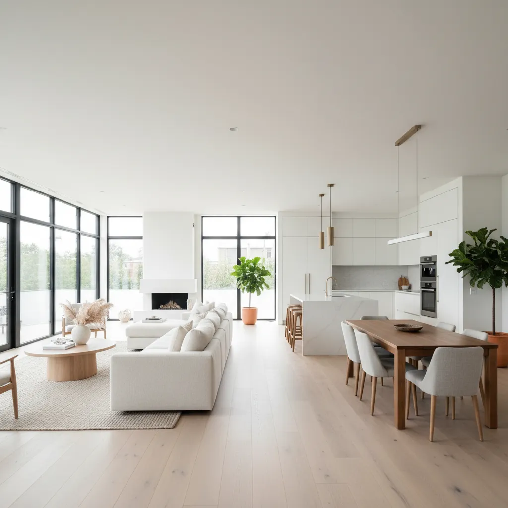 Plano abierto de salón, comedor y cocina en una casa moderna