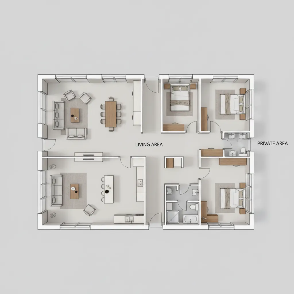 Interior design drawing of house layout with labels for living area and private bedroom zones