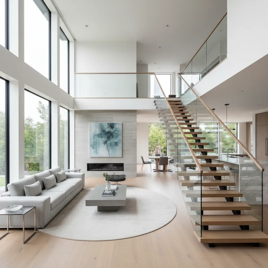 Diseño interior de casa con niveles divididos conectados por escaleras