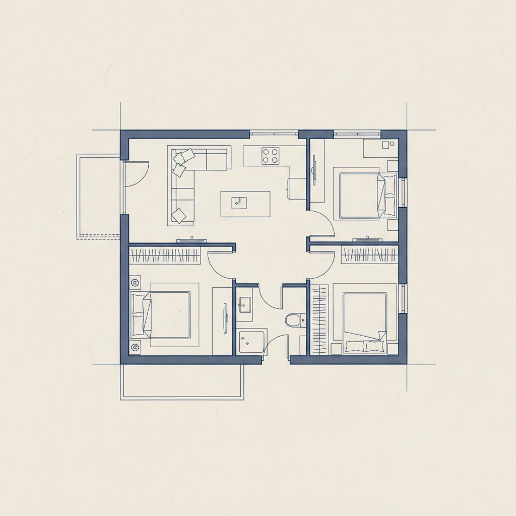 Plano de casa bien distribuido con zonas claras de sala cocina y dormitorios