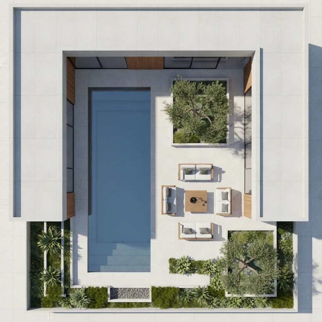 Vista aérea de una casa en forma de U con un patio grande en el centro