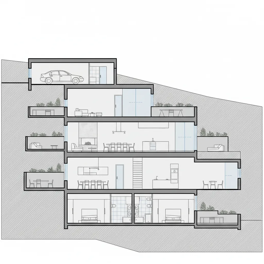Diagrama arquitectónico mostrando niveles en una casa sobre terreno inclinado