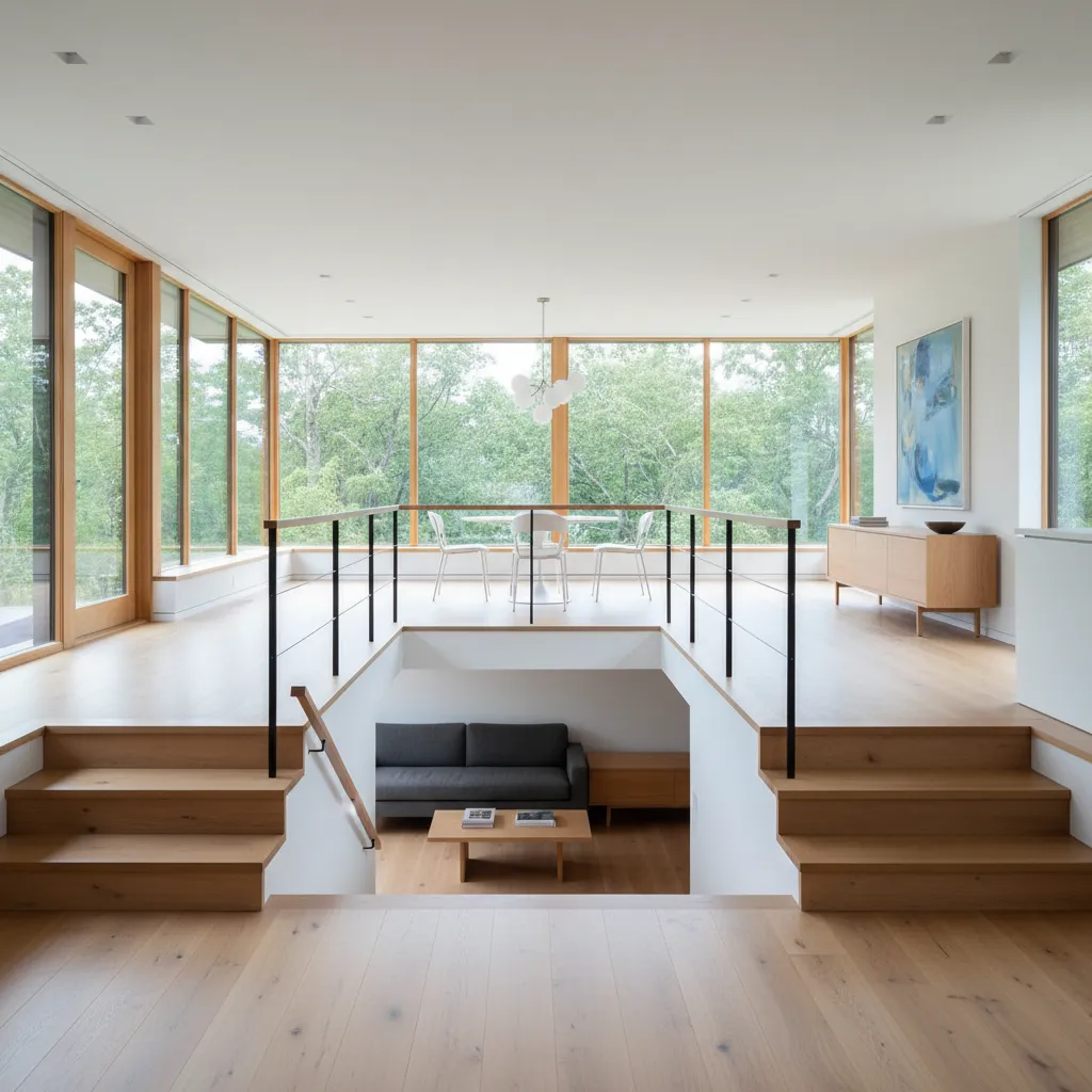 Interior de casa con diferentes niveles conectados por escaleras cortas