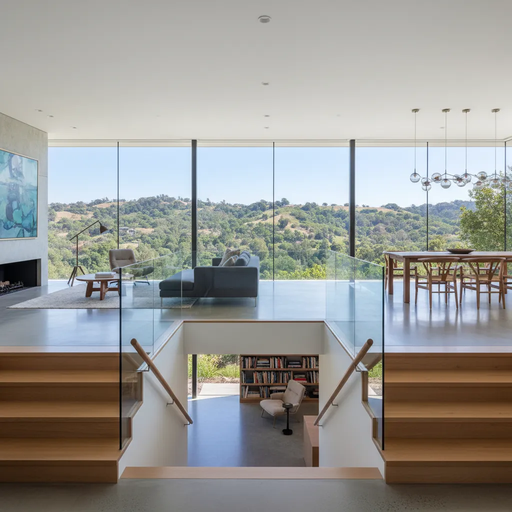 Interior de casa moderna con diferentes niveles conectados por escaleras
