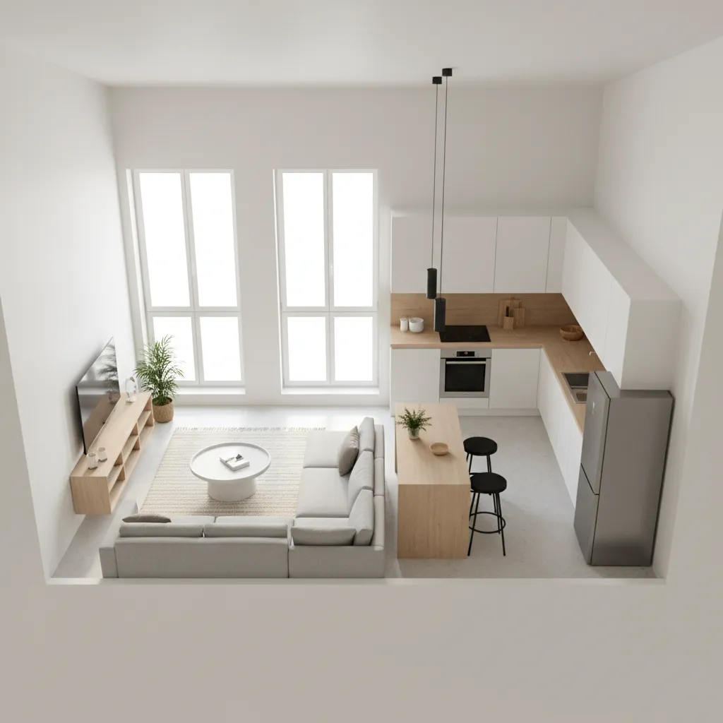 Plano optimizado de una casa pequeña con cocina y sala integradas