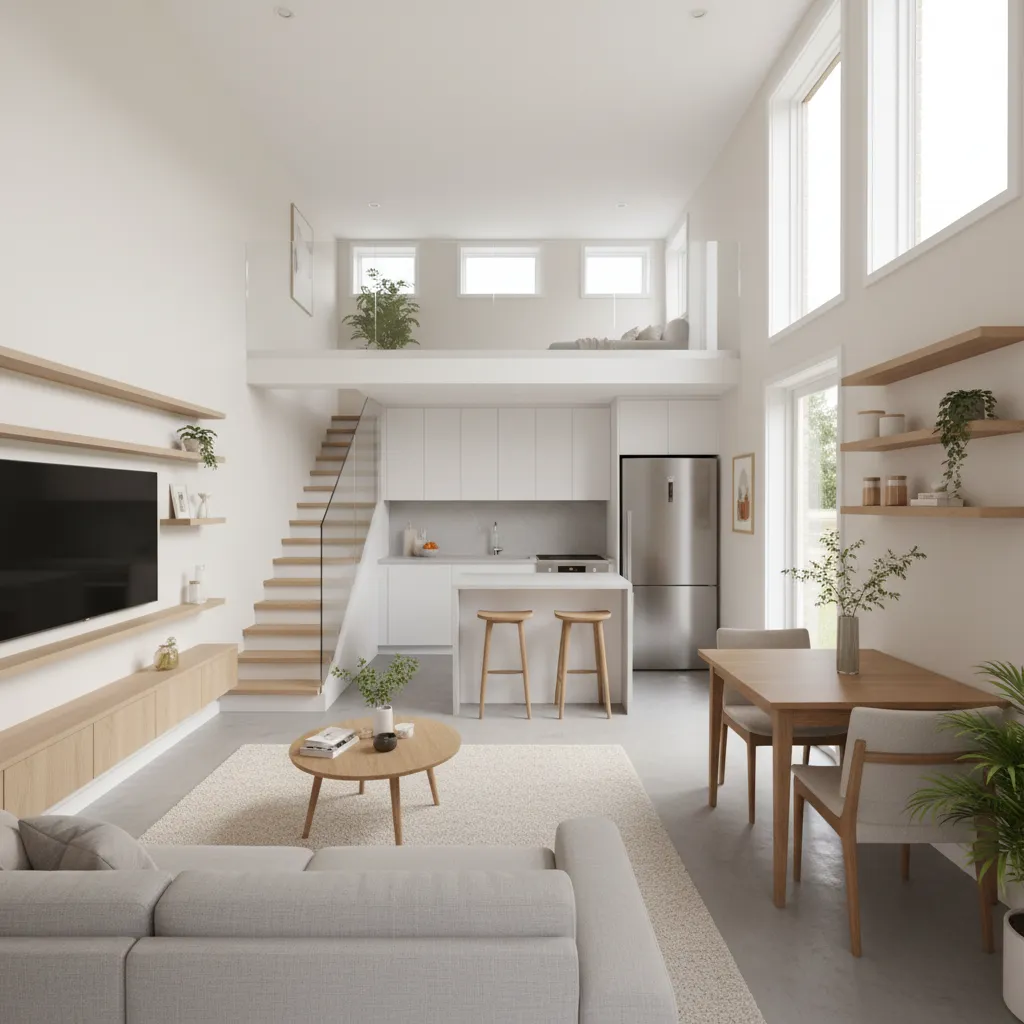 Interior design drawing showing a small apartment with kitchen, dining table, sofa, and loft bedroom