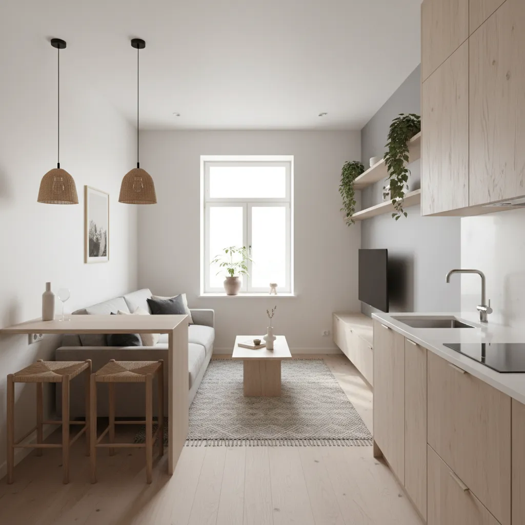 Interior de casa pequeña con sala y cocina integradas