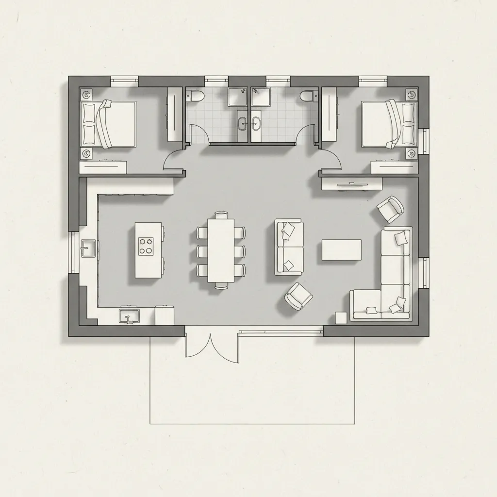 Simple two bedroom floor plan showing kitchen, dining area, living room, bathrooms, and outdoor patio.