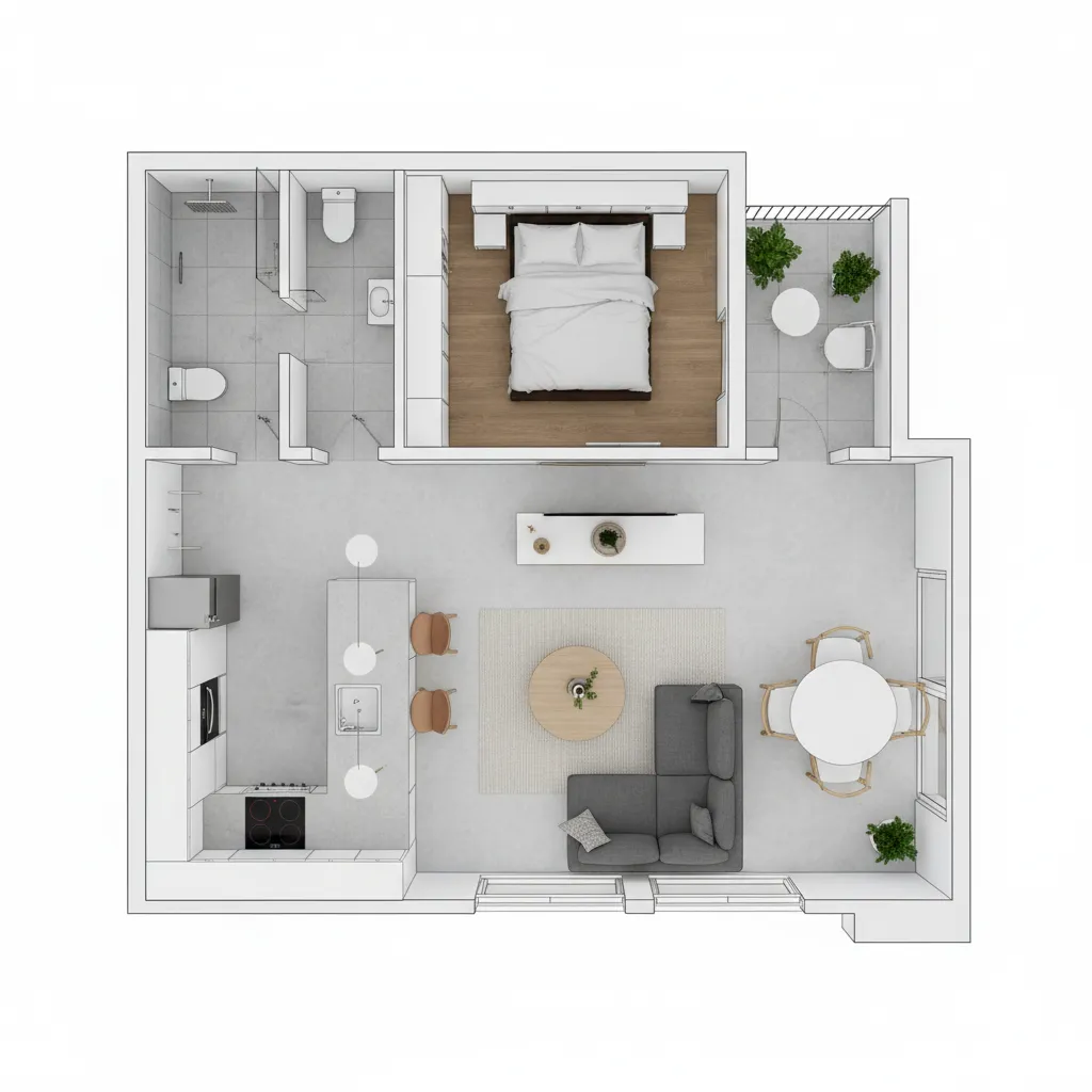 Modern interior design drawing showing small apartment layout with bedroom kitchen bathroom and living room