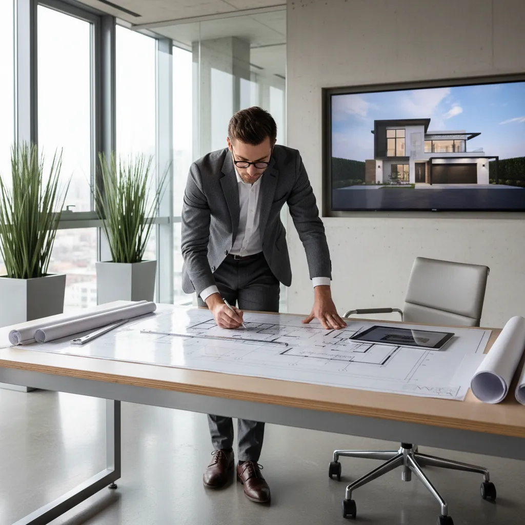 Arquitecto analizando la distribución de habitaciones en un plano de vivienda