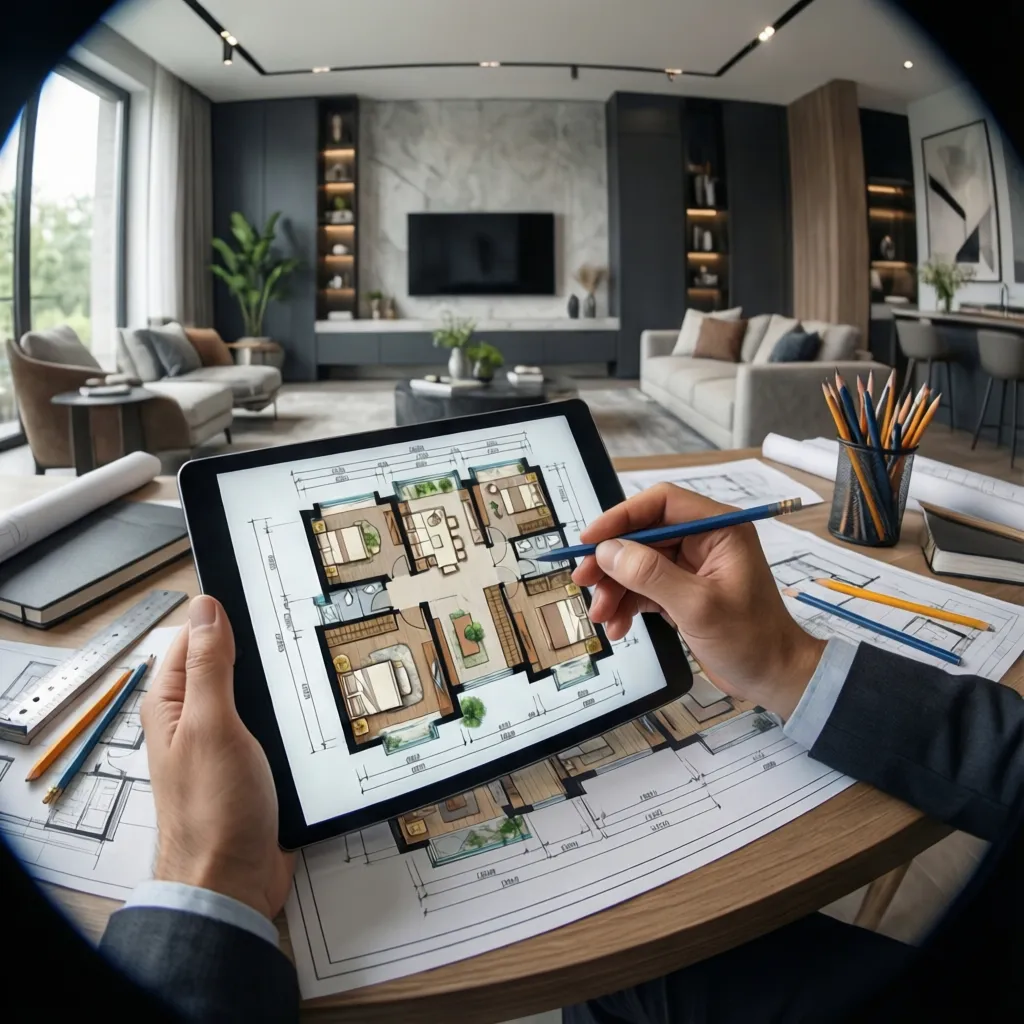 Designer using tablet to show colored floor plan layout with pencils and paper on desk
