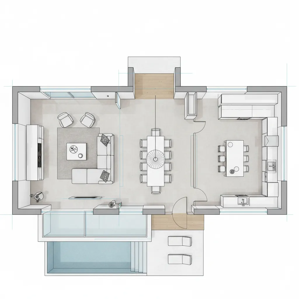 Plano arquitectónico moderno de una casa con distribución abierta