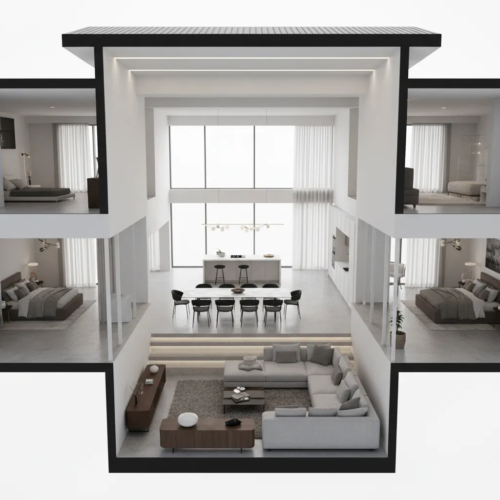 Plano 3D de distribución de una casa moderna con espacios abiertos