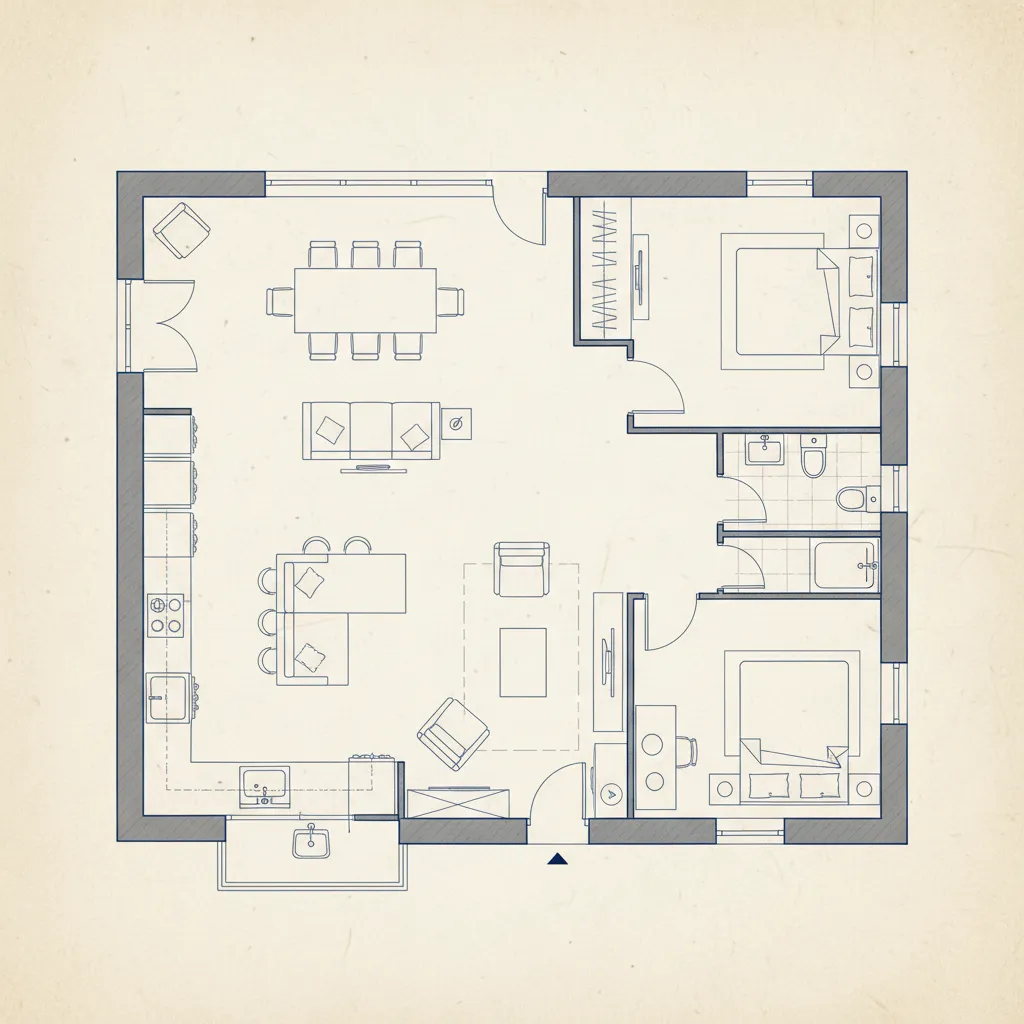 Distribución interior de una vivienda mostrando habitaciones, cocina y salón en plano técnico.