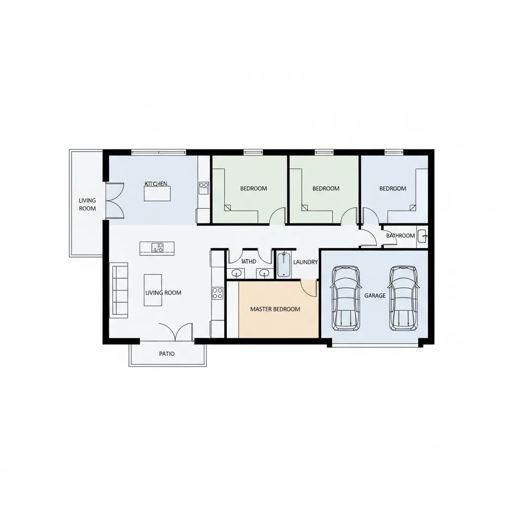 Plano arquitectónico de casa de una planta con garaje y zonas diferenciadas