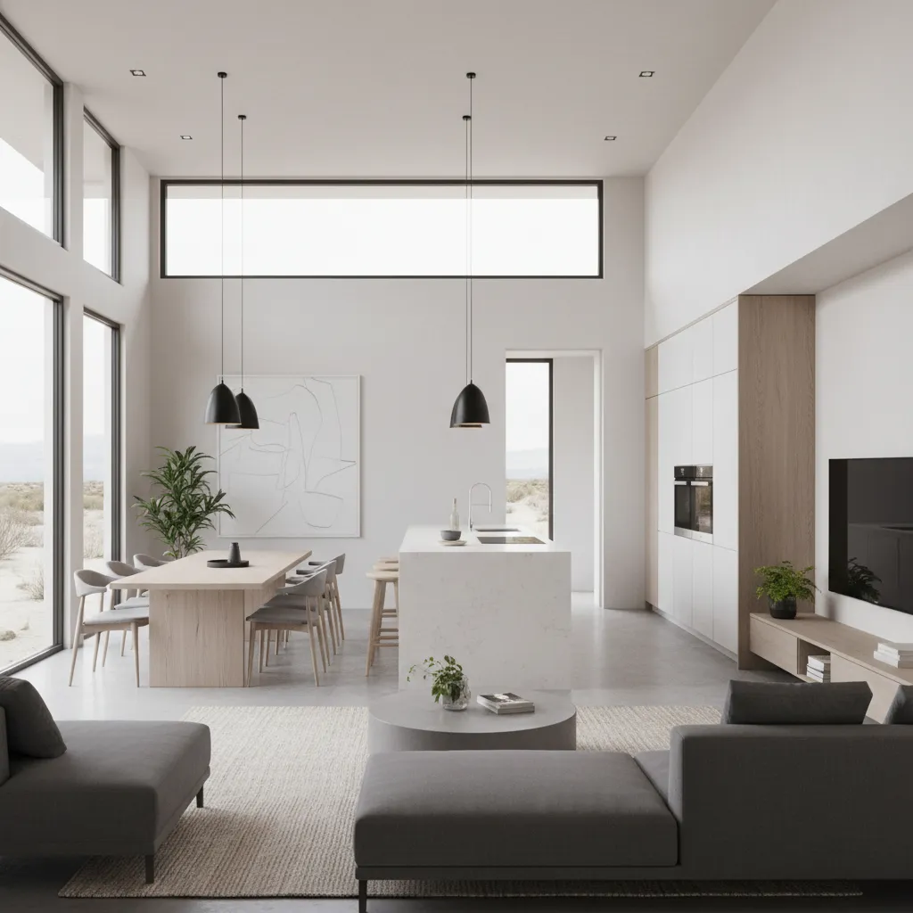 Distribución interior de casa prefabricada con espacios abiertos