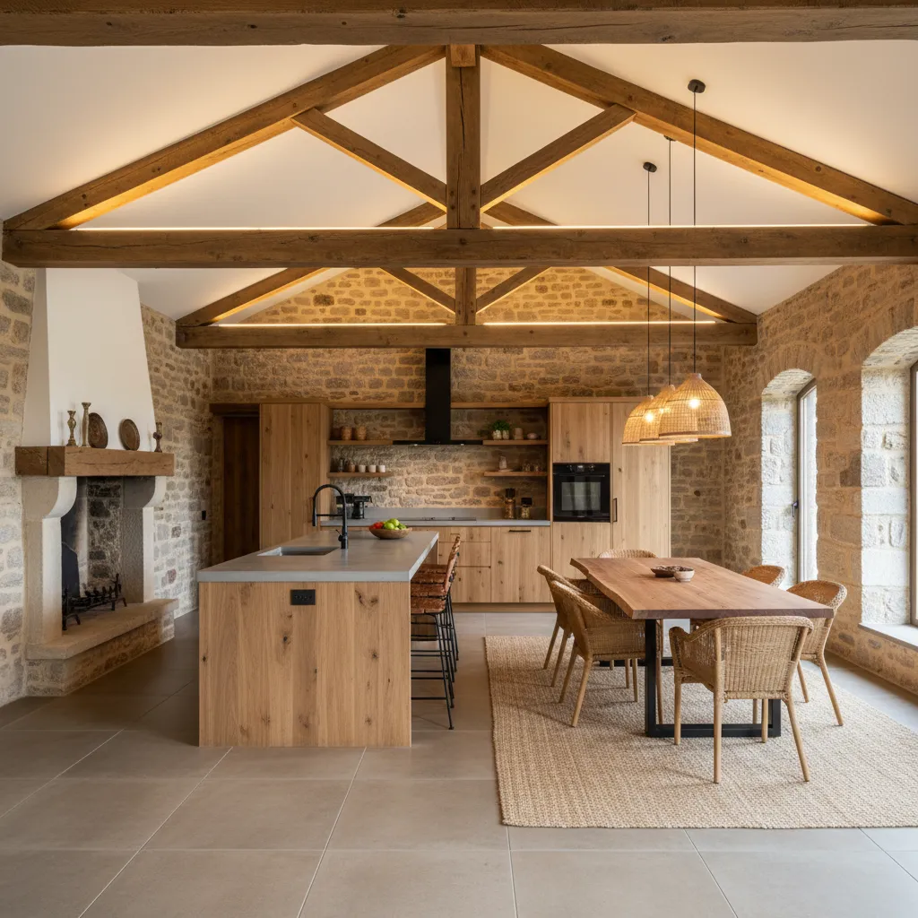 Rustic open kitchen and dining area featuring stone walls wood beams wooden island and table