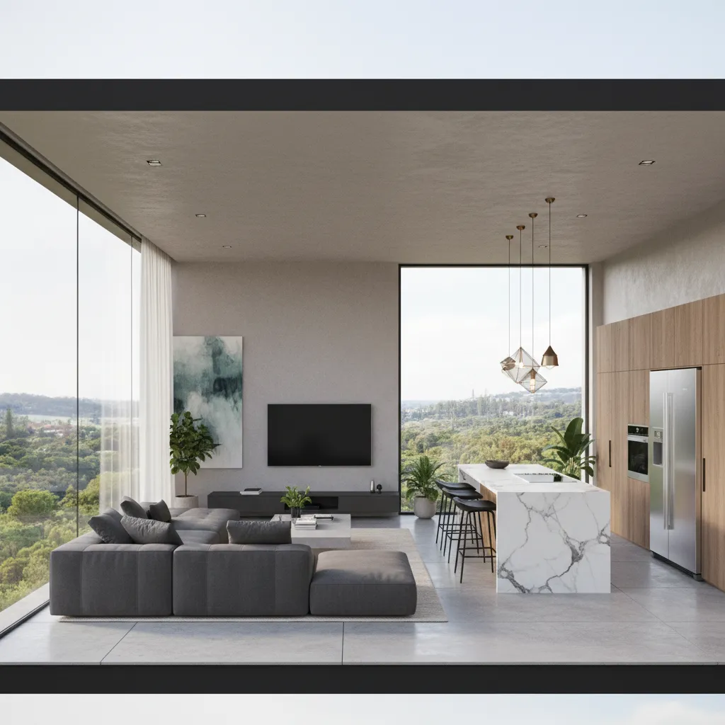Render 3D de la distribución interior de una casa moderna
