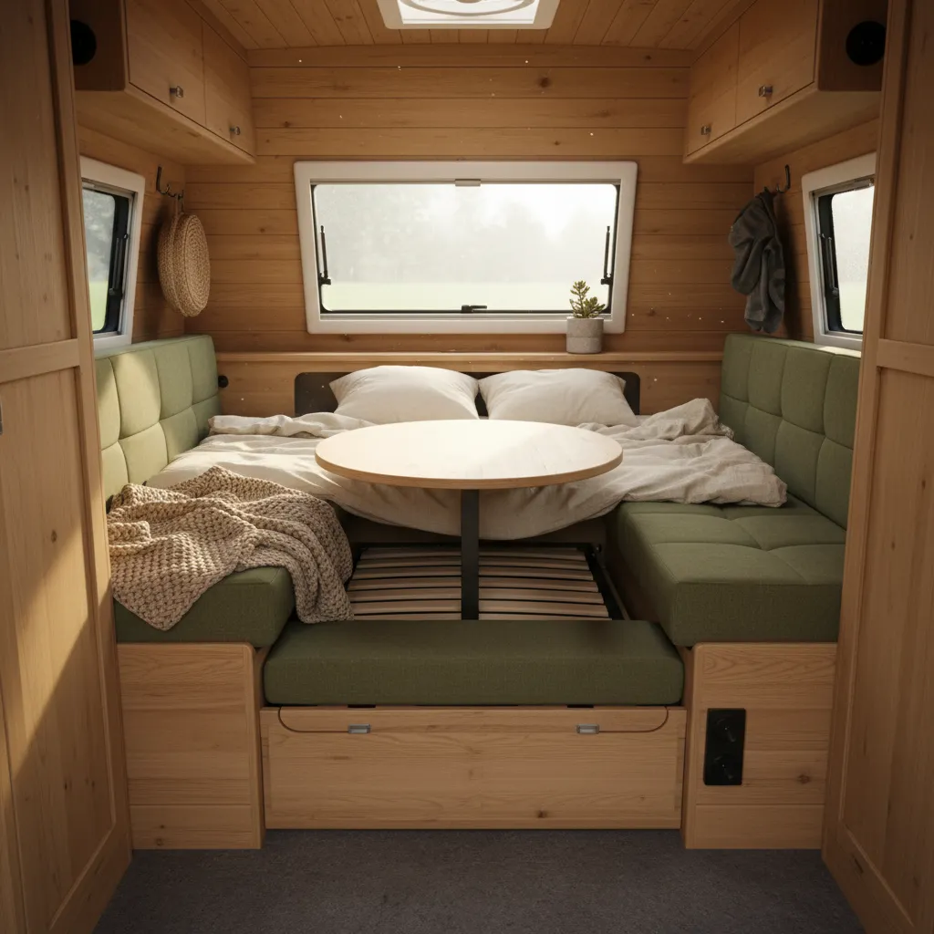 Zona de salón convertible en cama dentro de una casa rodante