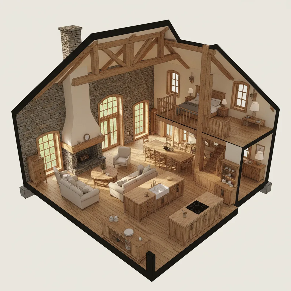Vista 3D de la distribución interior de una casa rural