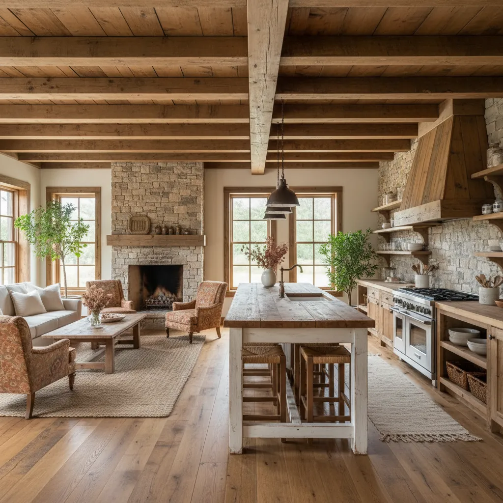 Espacio abierto que conecta cocina y salón en casa rural