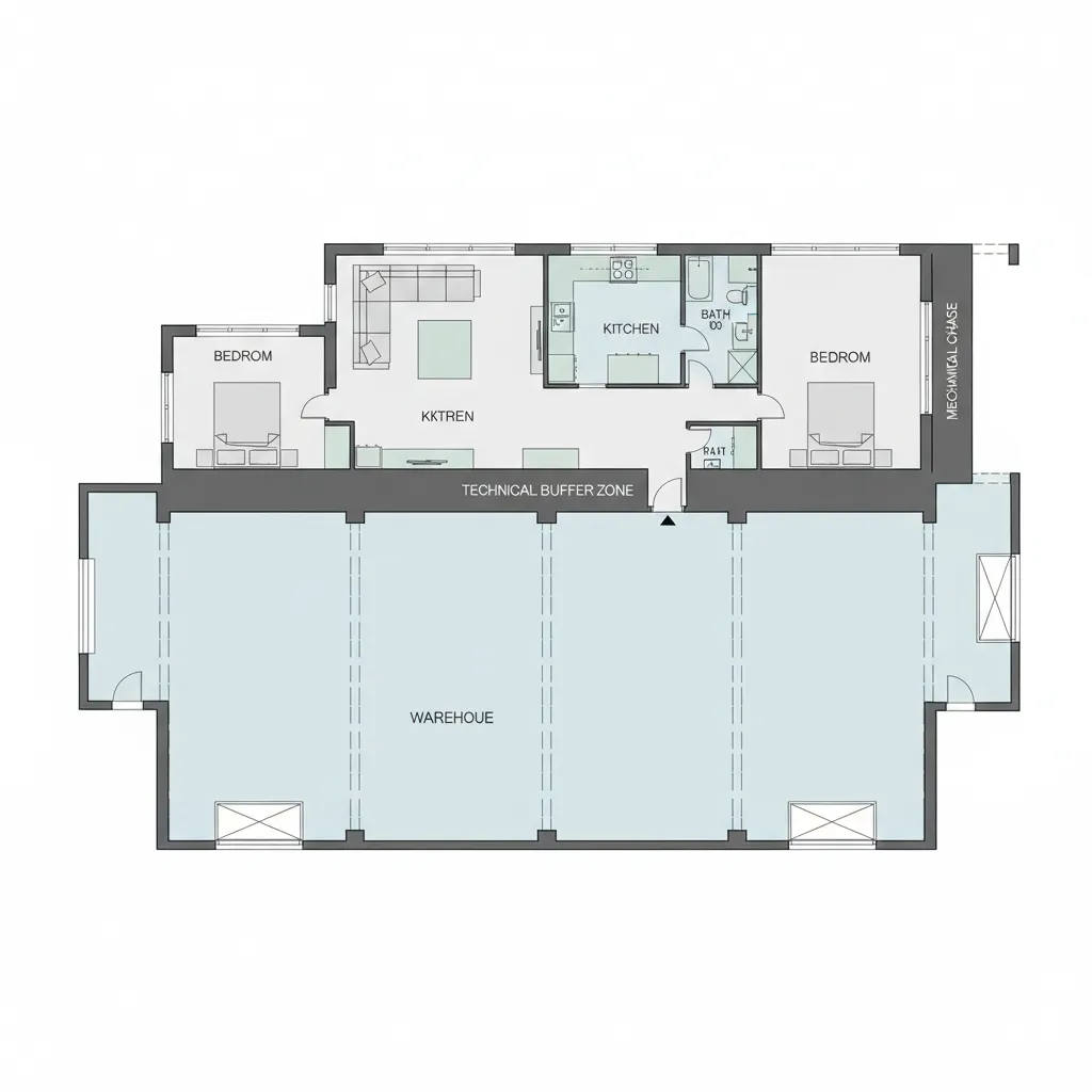 Plano de distribución de una casa construida sobre una nave