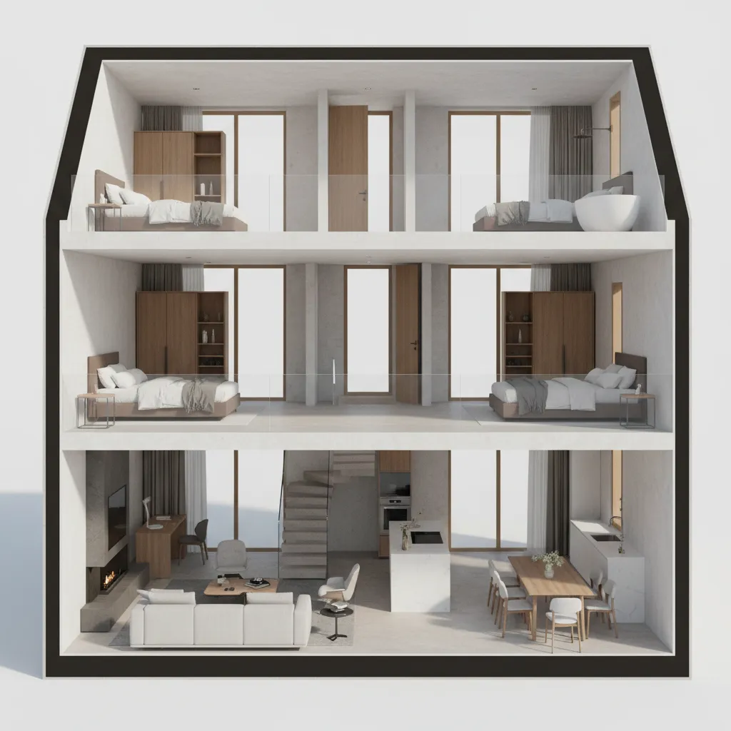 Vista 3D de la distribución interior de una casa de tres pisos