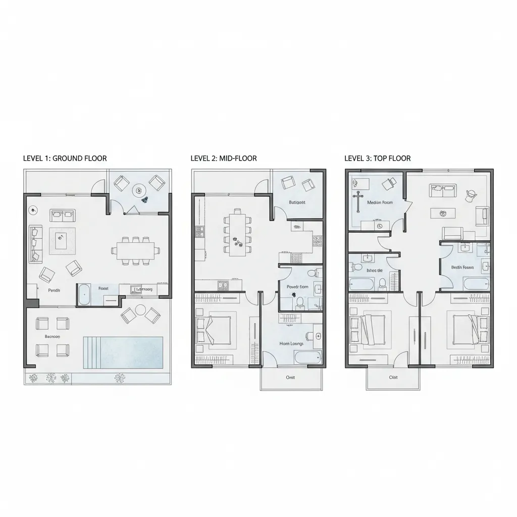 Diagrama conceptual de distribución de una casa de tres plantas