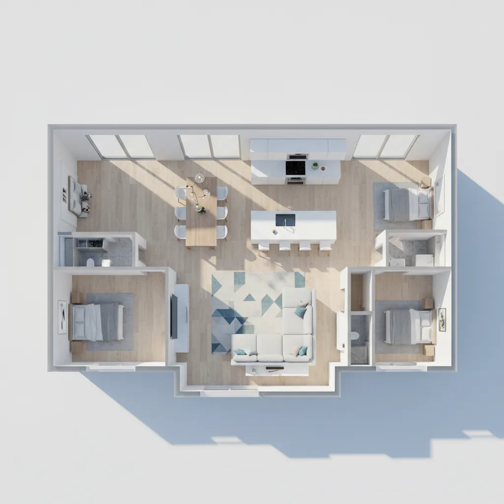 vista superior de distribución de una casa moderna de una planta