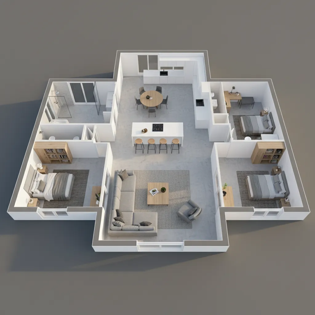 Vista 3D de distribución interior de casa de una planta