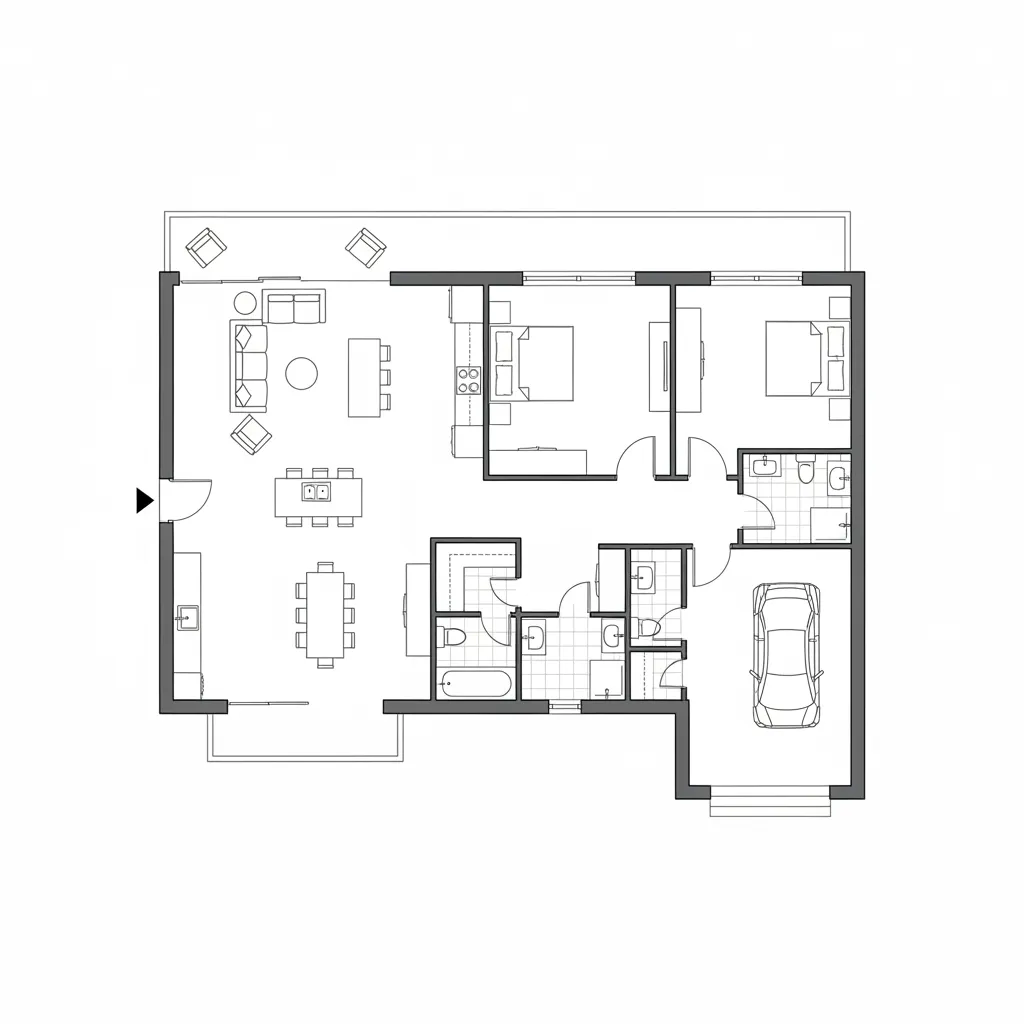 Plano esquemático que muestra zonas sociales y privadas en una casa de una planta
