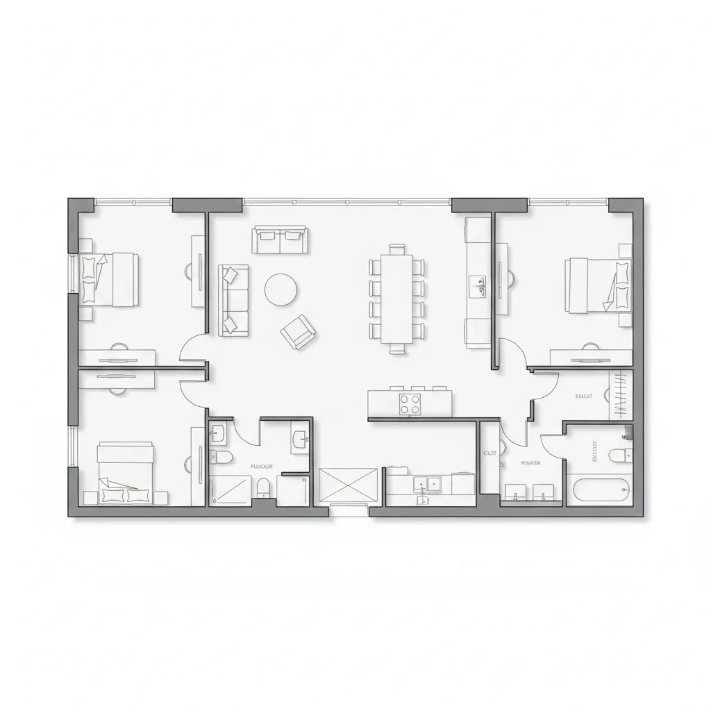 Plano de distribución interior de una vivienda unifamiliar con zonas diferenciadas