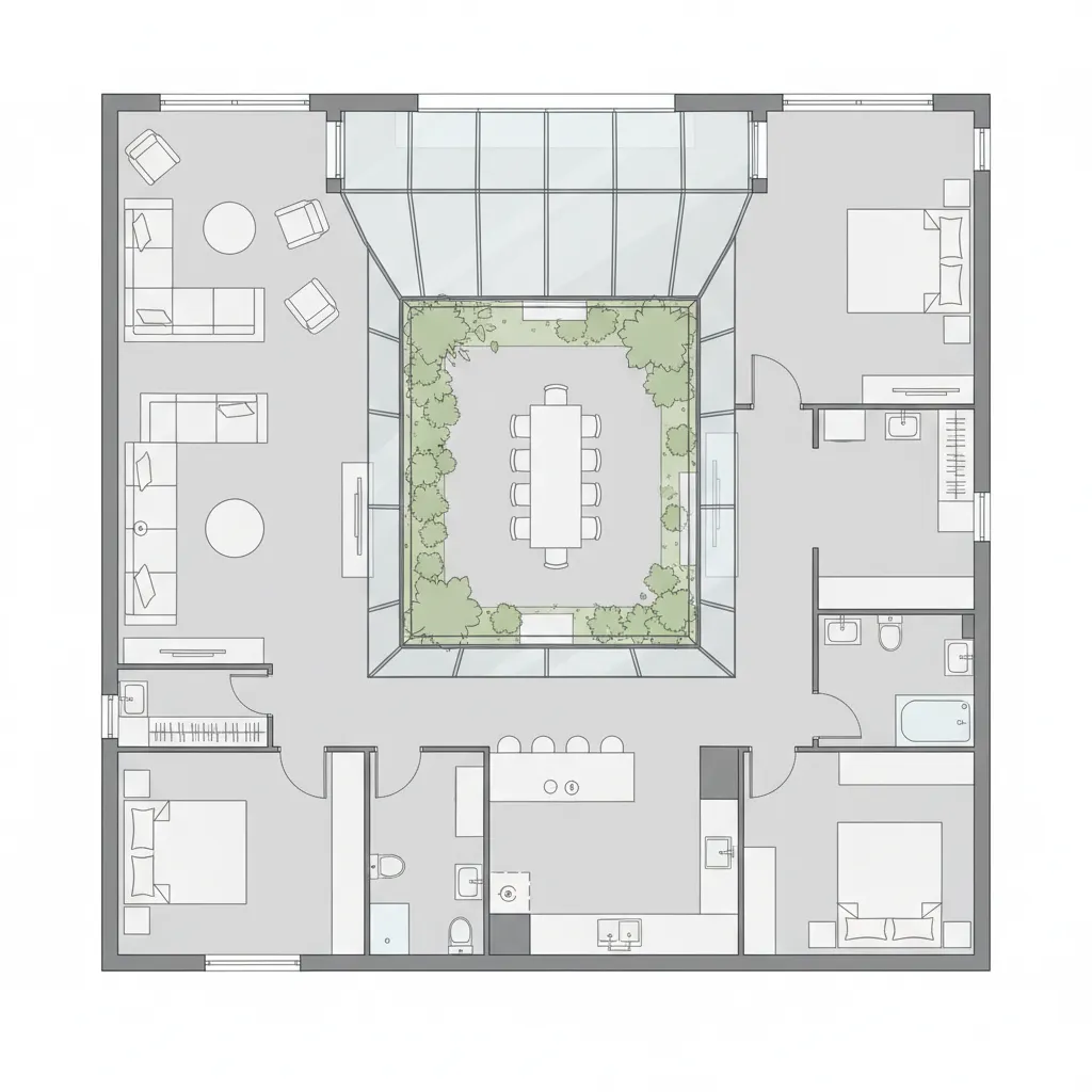 Plano arquitectónico de casa urbana con patio central