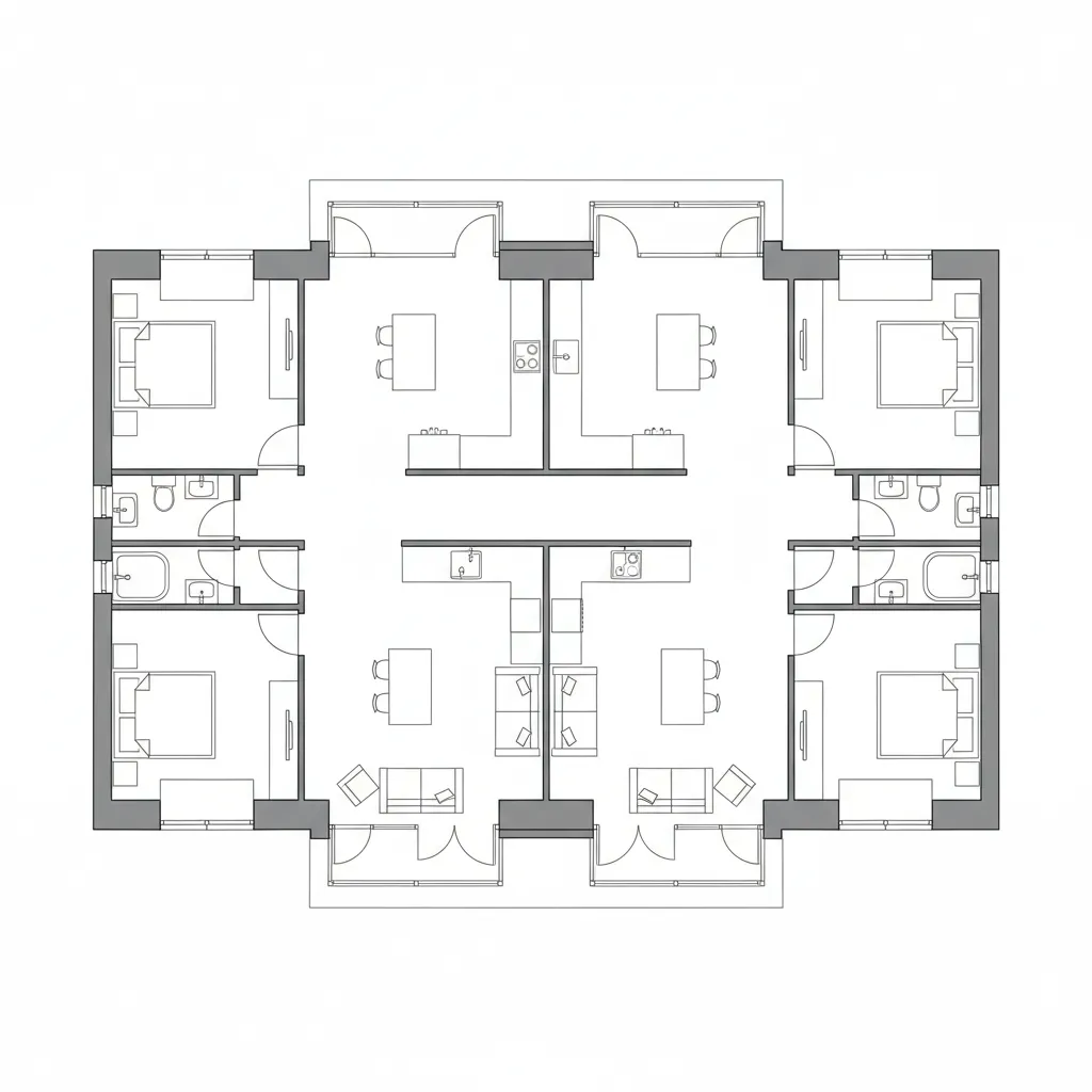 Black and white 2D floor plan drawing showing four symmetrical apartment units with labeled rooms