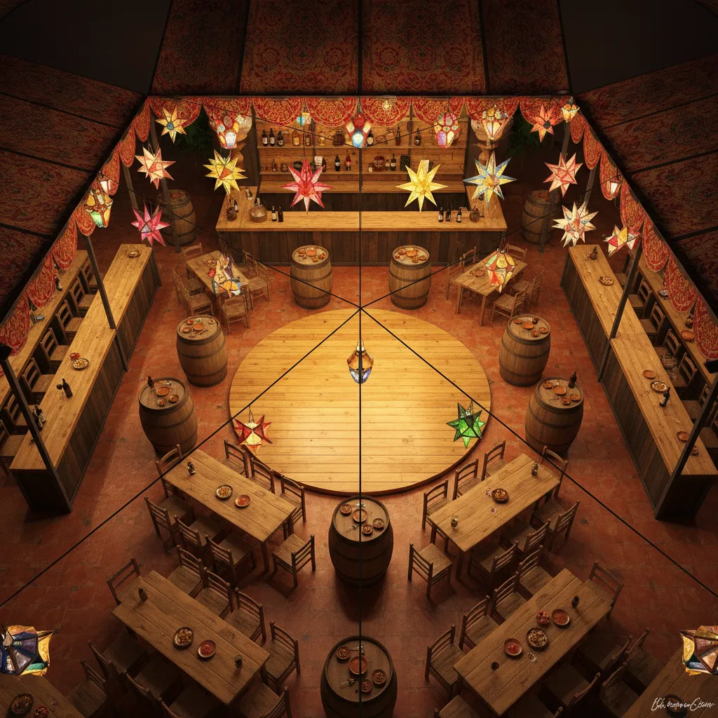 Distribución interior de una caseta de feria con espacio central libre y mesas en los laterales