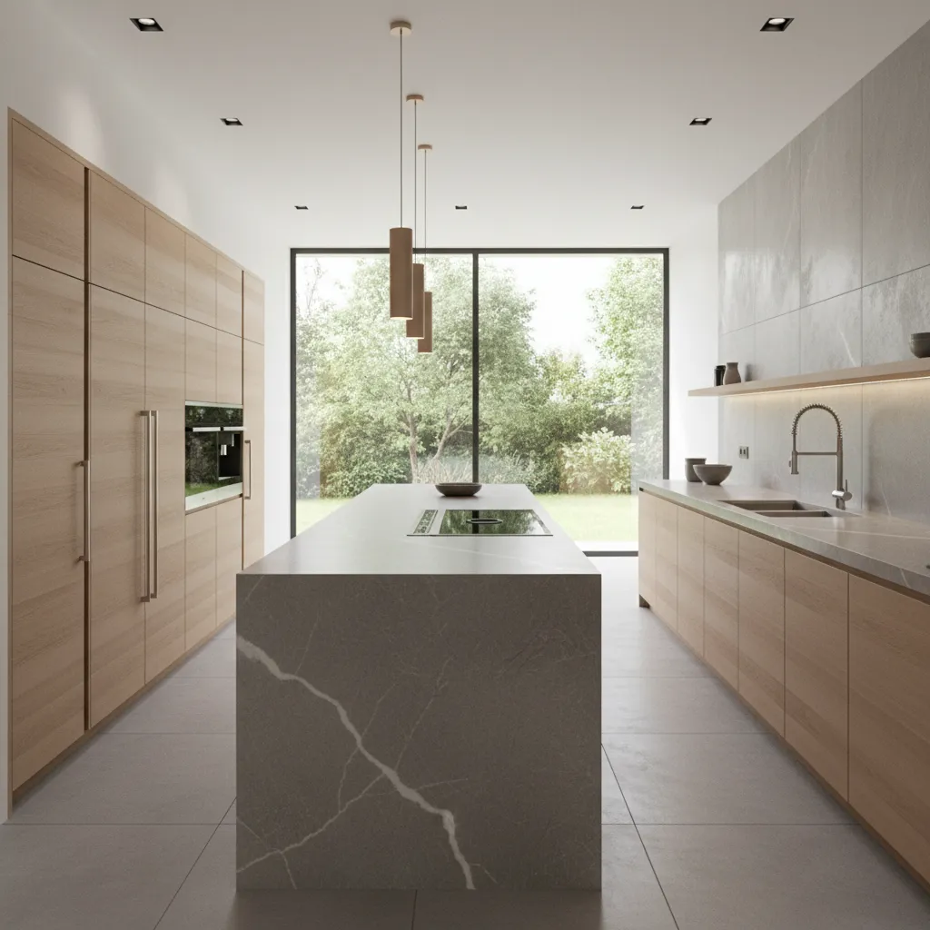 modelo 3D de cocina con isla mostrando espacio de circulación