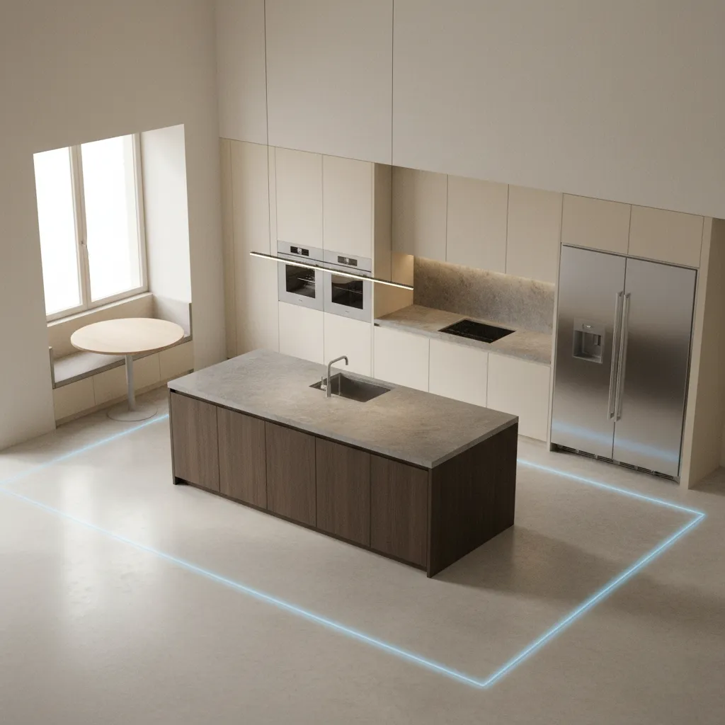 Diseño 3D de cocina con isla y zonas de circulación