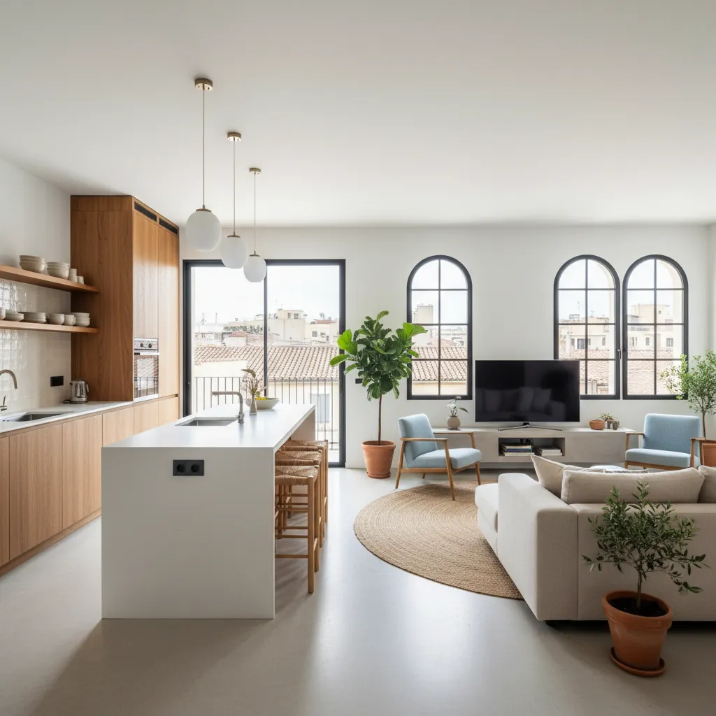 Cocina abierta conectada con salón en un apartamento moderno