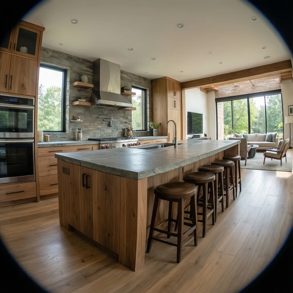 Large wooden kitchen island with stools in rustic room with stone walls and wood floors