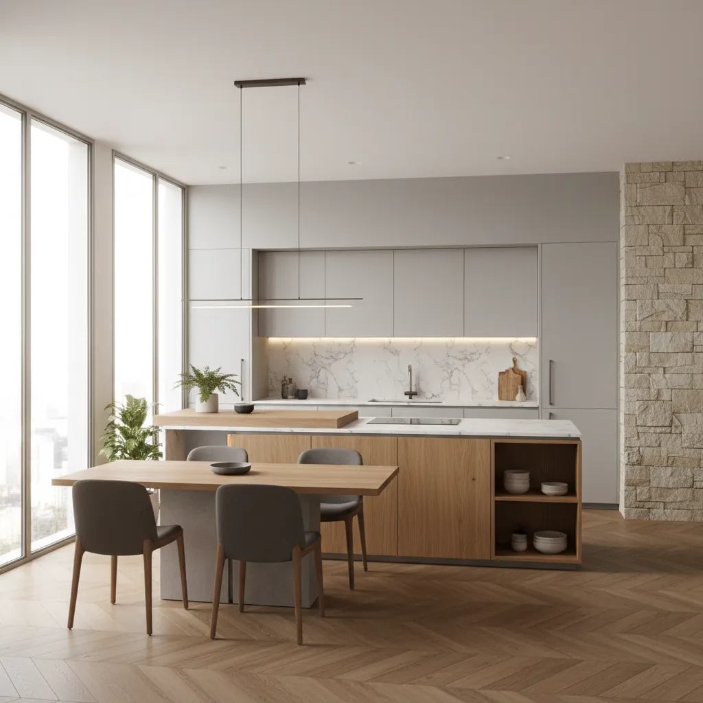 Cocina en L con comedor cercano en espacio abierto