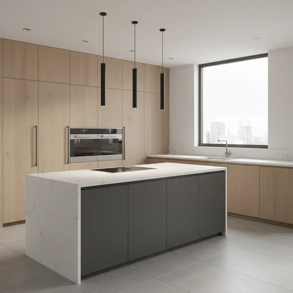 Distribución de cocina con isla central amplia y espacio de circulación