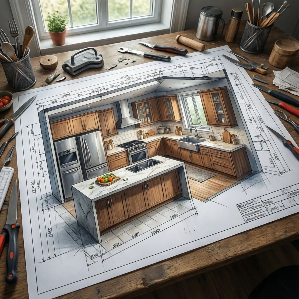 Detailed interior design drawing of a kitchen with wood cabinets and island on a wooden table
