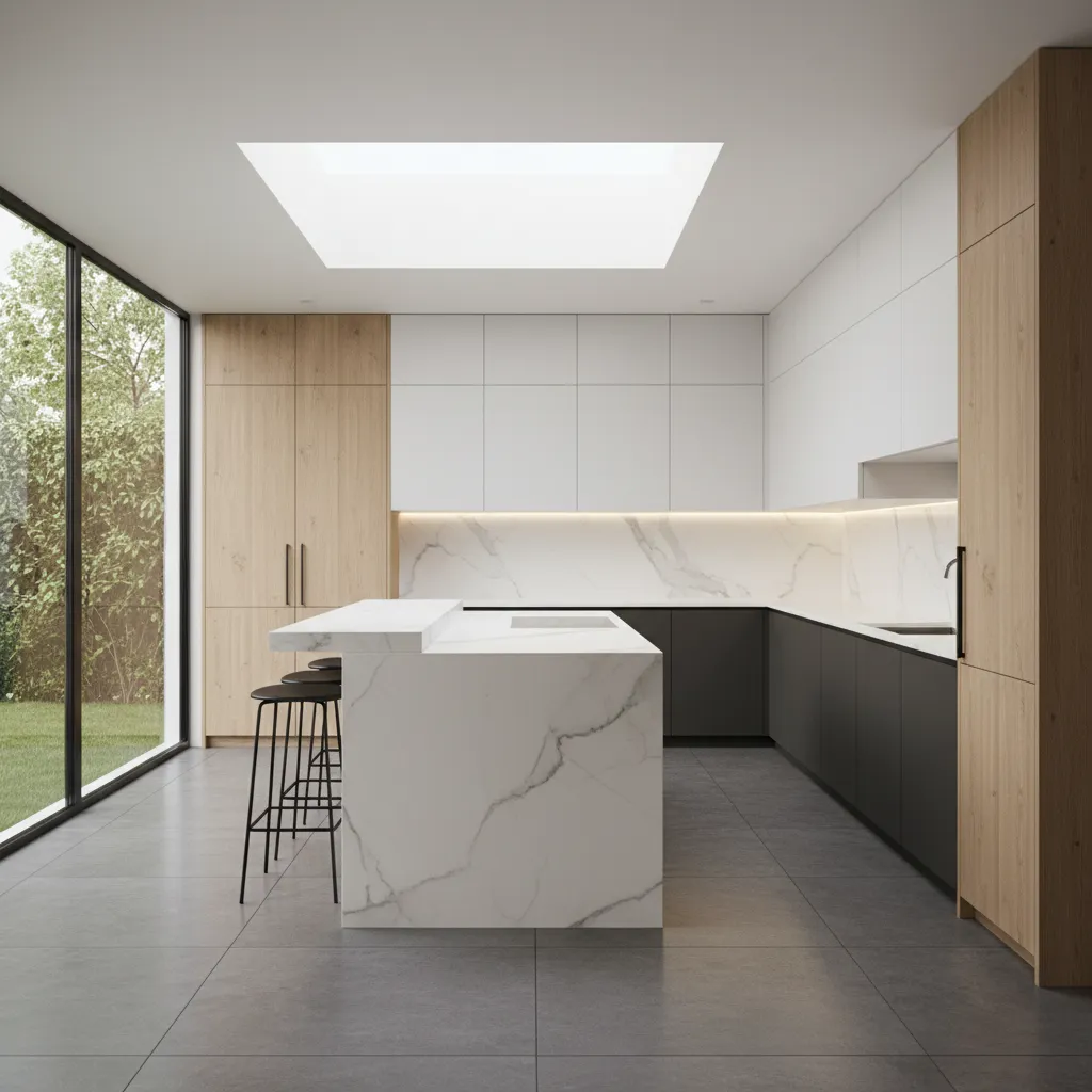 Diseño de cocina con isla central bien distribuida