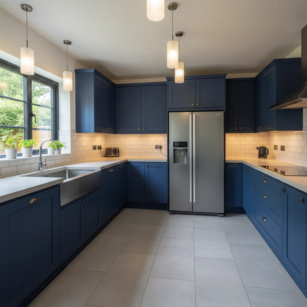Modern blue kitchen layout with white wall tiles stainless steel fridge and simple ceiling lights