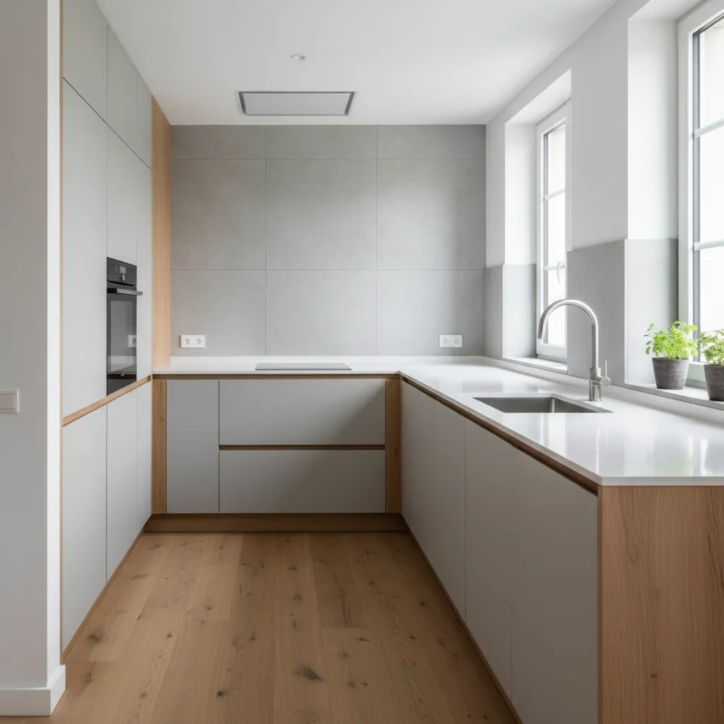 Cocina moderna con distribución funcional y triángulo de trabajo