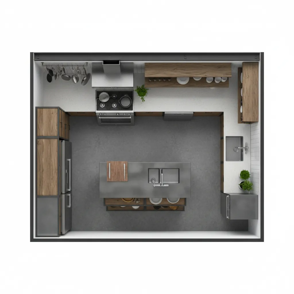 Plano visual de distribución de cocina industrial con zonas de trabajo