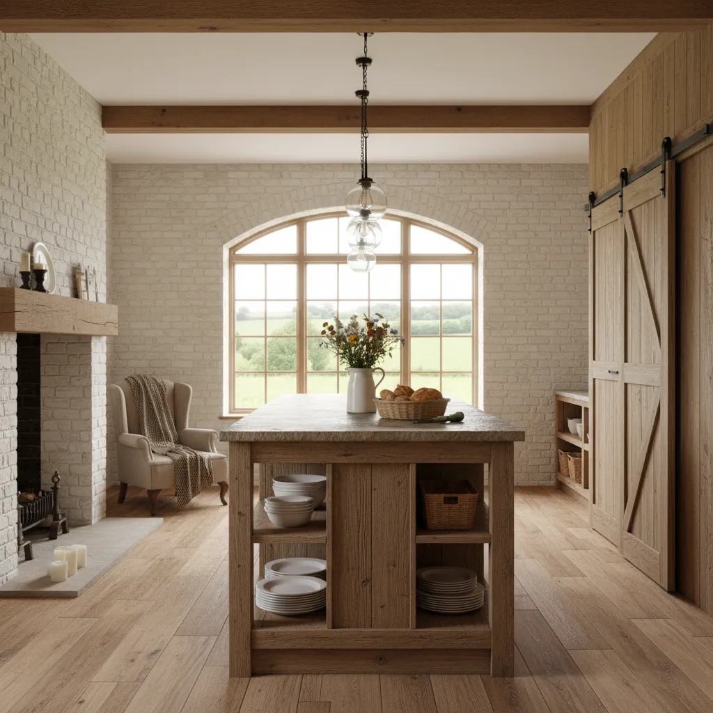 Bright farmhouse room layout featuring wooden island, armchair, fireplace, arched windows, and sliding barn doors