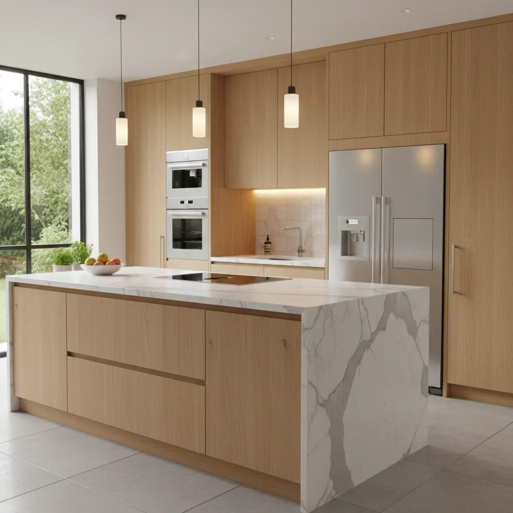 Cocina moderna con isla central bien distribuida