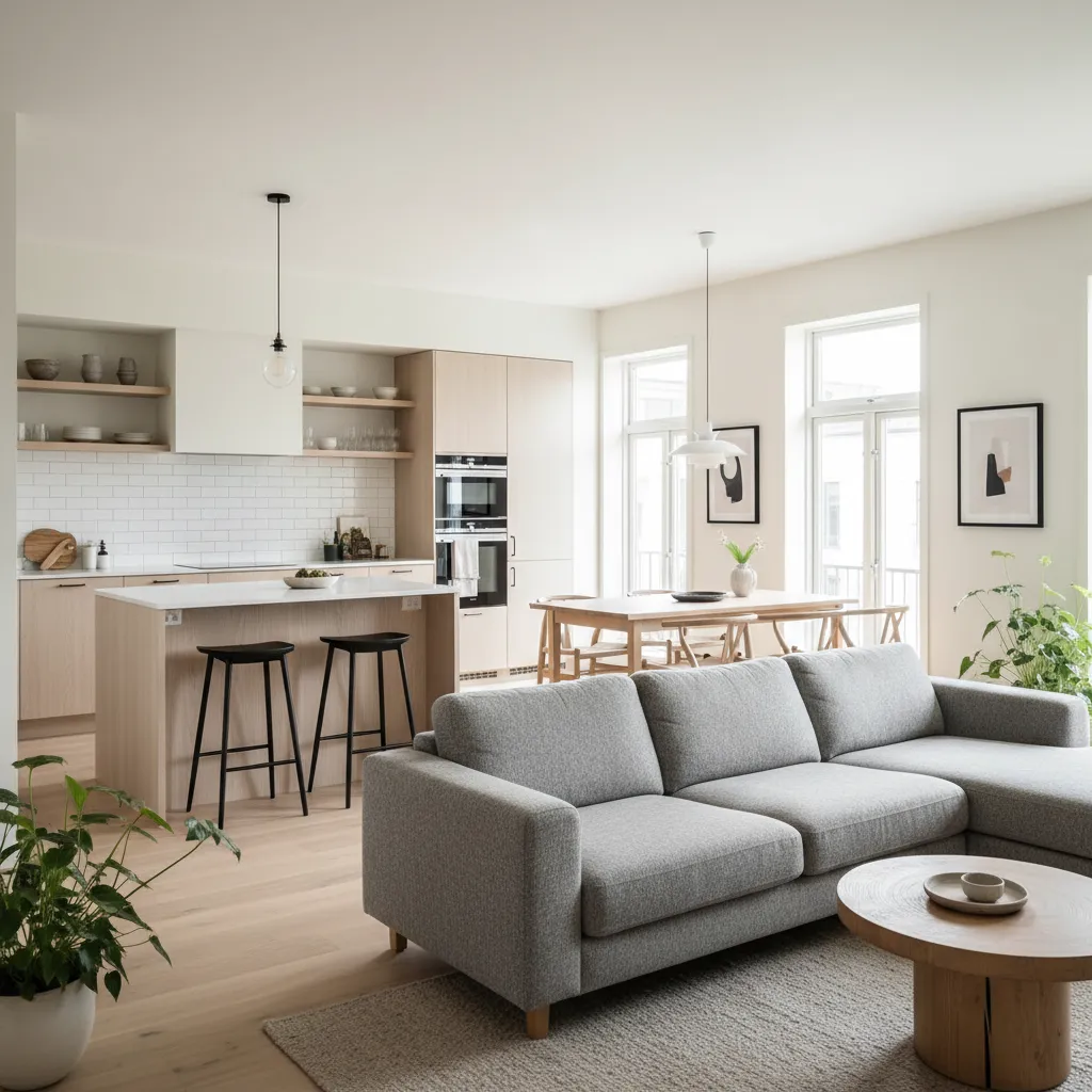 Distribución de cocina con isla conectada al comedor y al salón